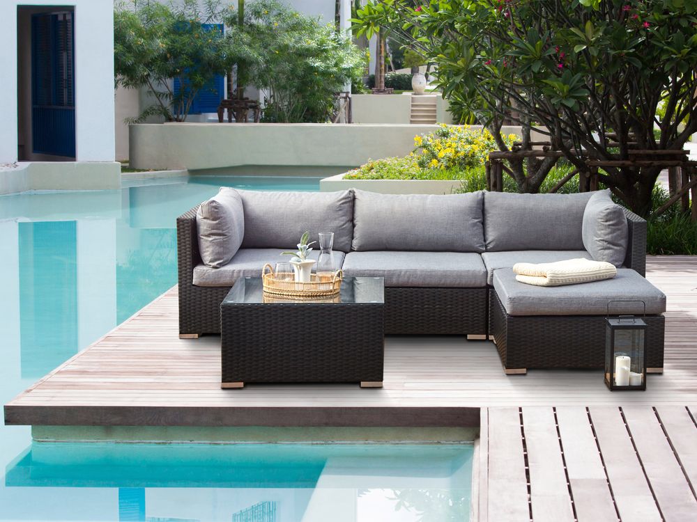 Garden Corner Sofa with Table 4 Seater SANO PE Rattan Black Left Hand