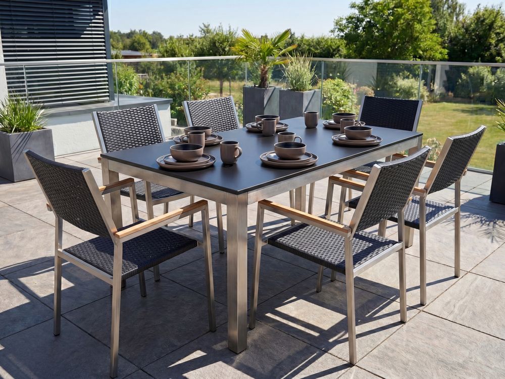 Table de salle à manger de jardin GROSSETO 180 cm 90 cm Verre de sécurité Noir