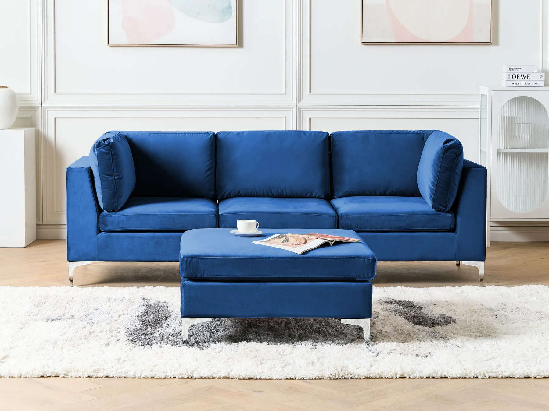Modular Sofa 3 Seater EVJA with Ottoman Velvet Navy Blue_859652