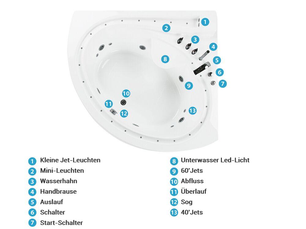 Whirlwanne Eckmodell mit LED PELICAN 206 x 165 cm Weiß_796438