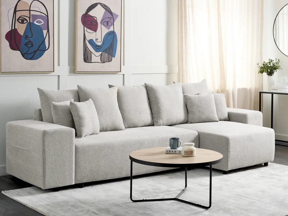 Eckschlafsofa 3-Sitzer LUSPA mit Stauraum Stoff Hellgrau linksseitig