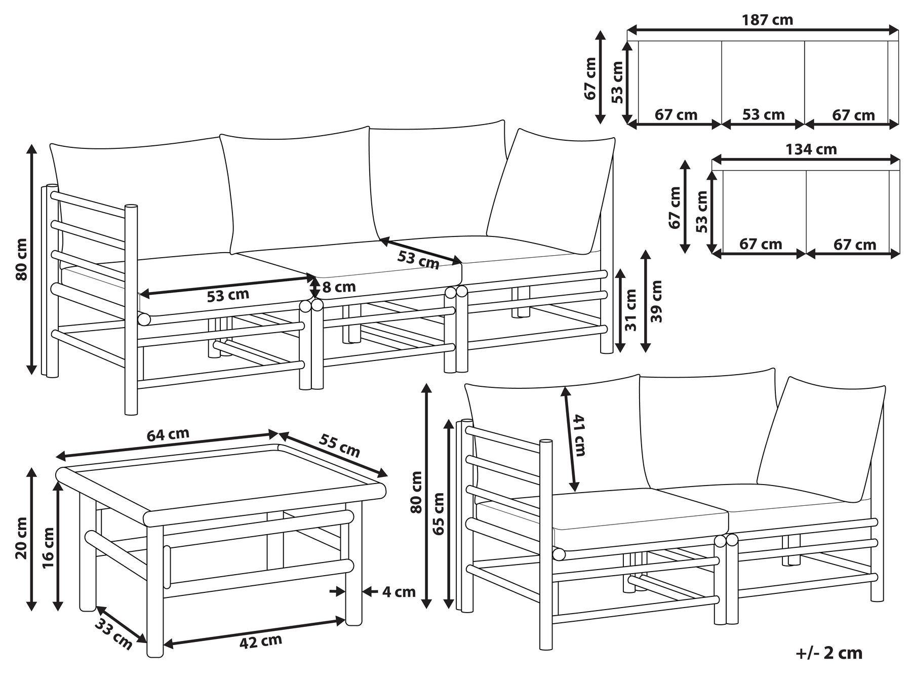 Lounge Set mit Tisch 5-Sitzer CERRETO Bambus Cremeweiß_909578