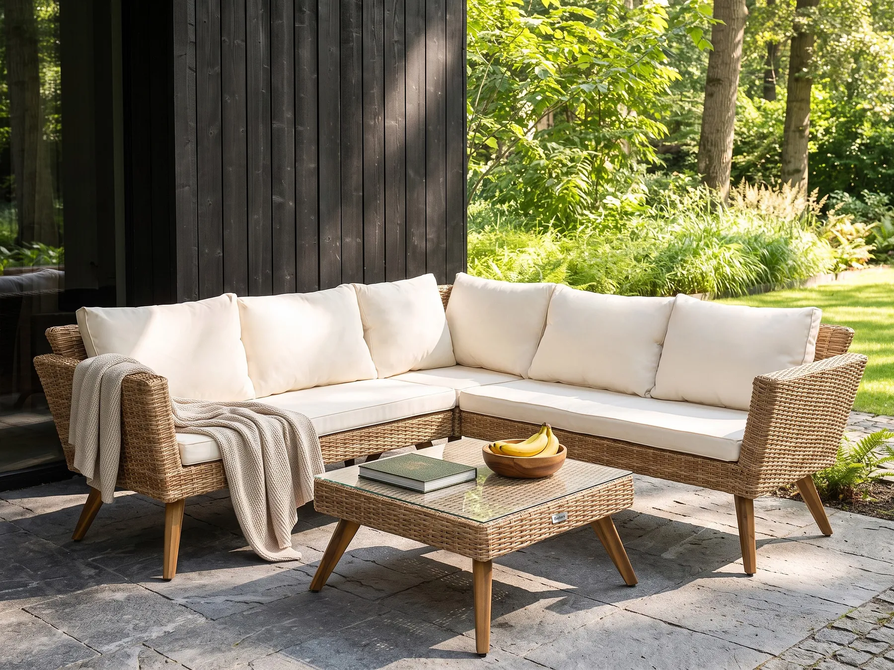 Garten Ecksofa mit Tisch 6-Sitzer VITTORIA Polyrattan Cremeweiß_1090667