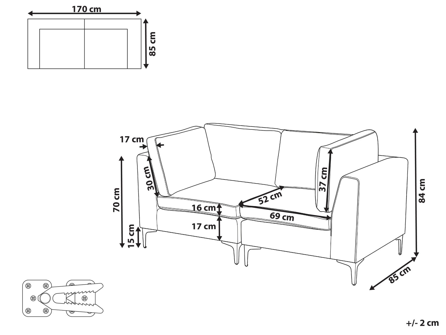Modulsofa 2-Sitzer EVJA Samtstoff Grau_1068522