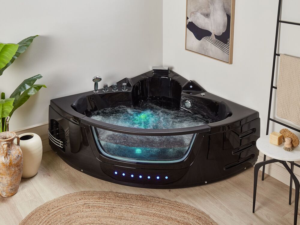 Whirlwanne Eckmodell mit LED MARTINICA 198 x 144 cm Schwarz