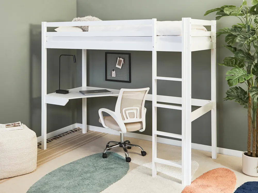 Hochbett mit Schreibtisch Kiefernholz LOURY 90 x 200 cm Weiß