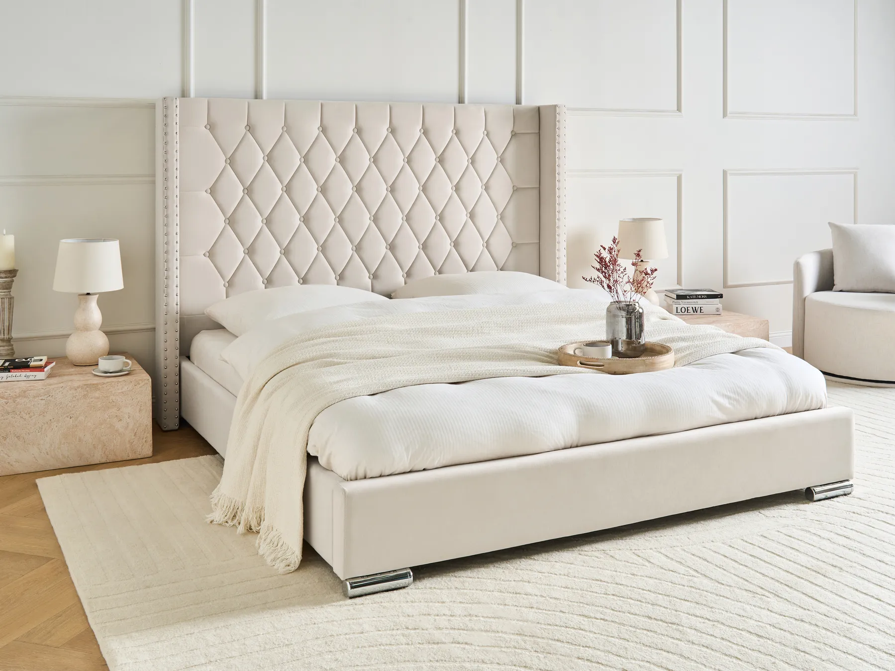 Bett mit Lattenrost Samtstoff LUBBON 180 x 200 cm Cremeweiß_1073143