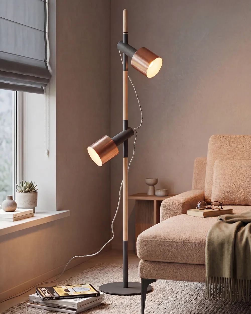 Stehlampe OWENS verstellbar Eichenholz Schwarz