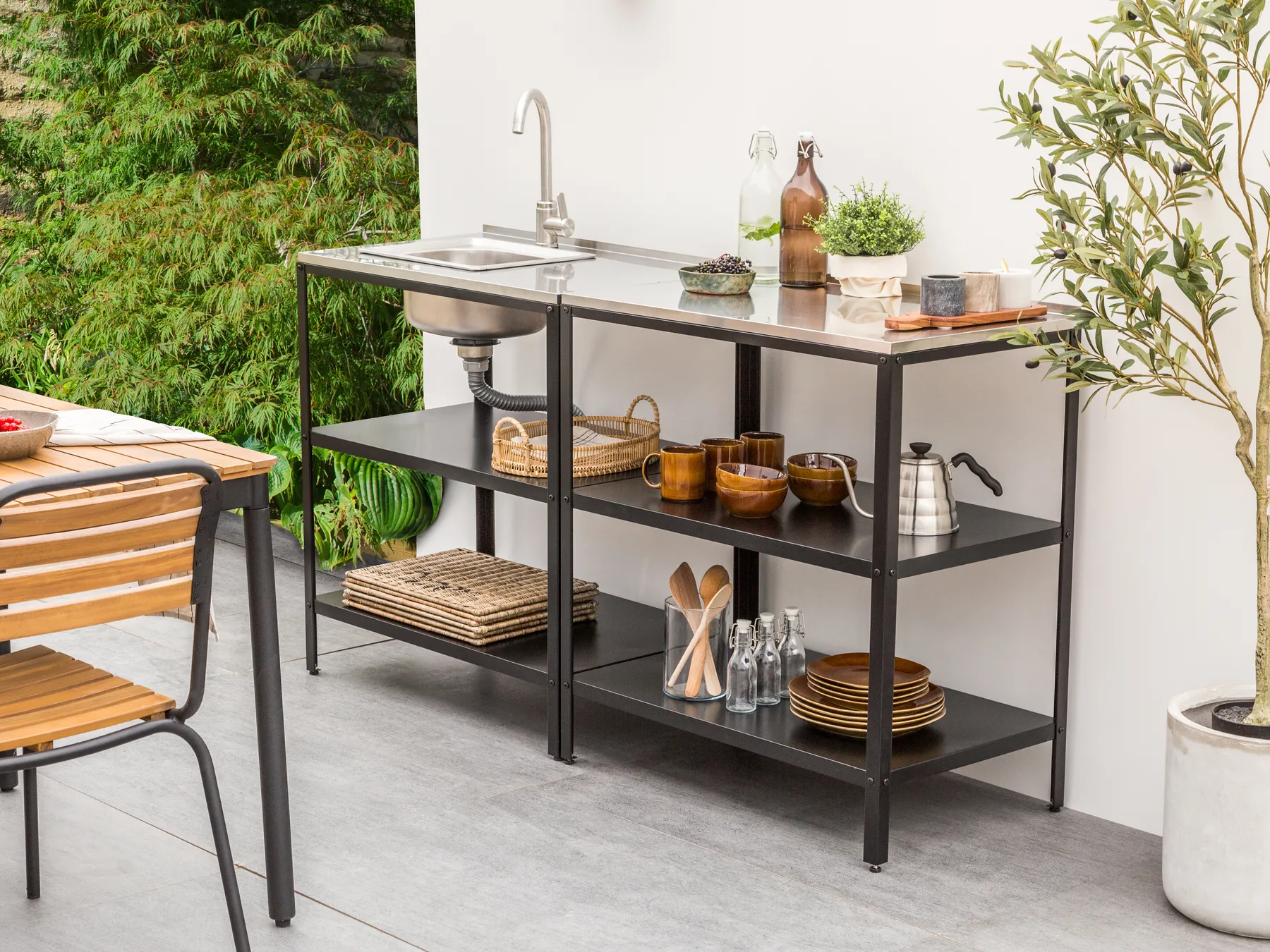 Outdoor-Küche 2er Set mit Spüle VILAMA Schwarz Metall_872465