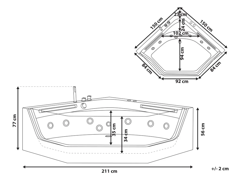 Corner Hot Tub with LED CACERES 2110 x 1500 mm White_786836