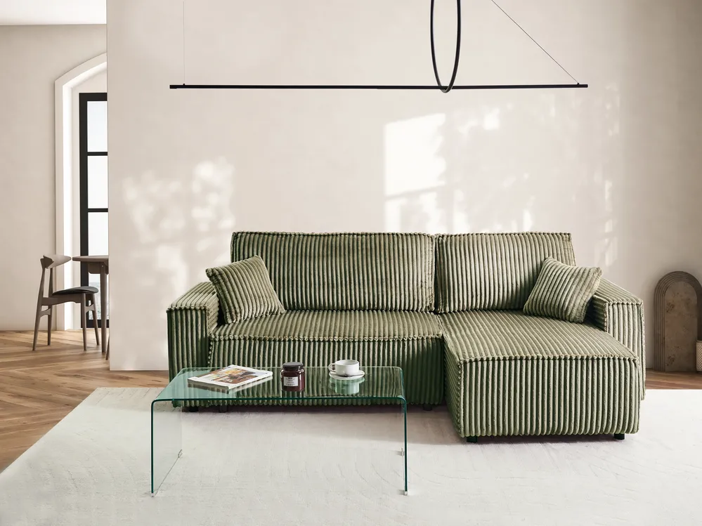 Eckschlafsofa 3-Sitzer ABACKA mit Stauraum Cord Grün linksseitig