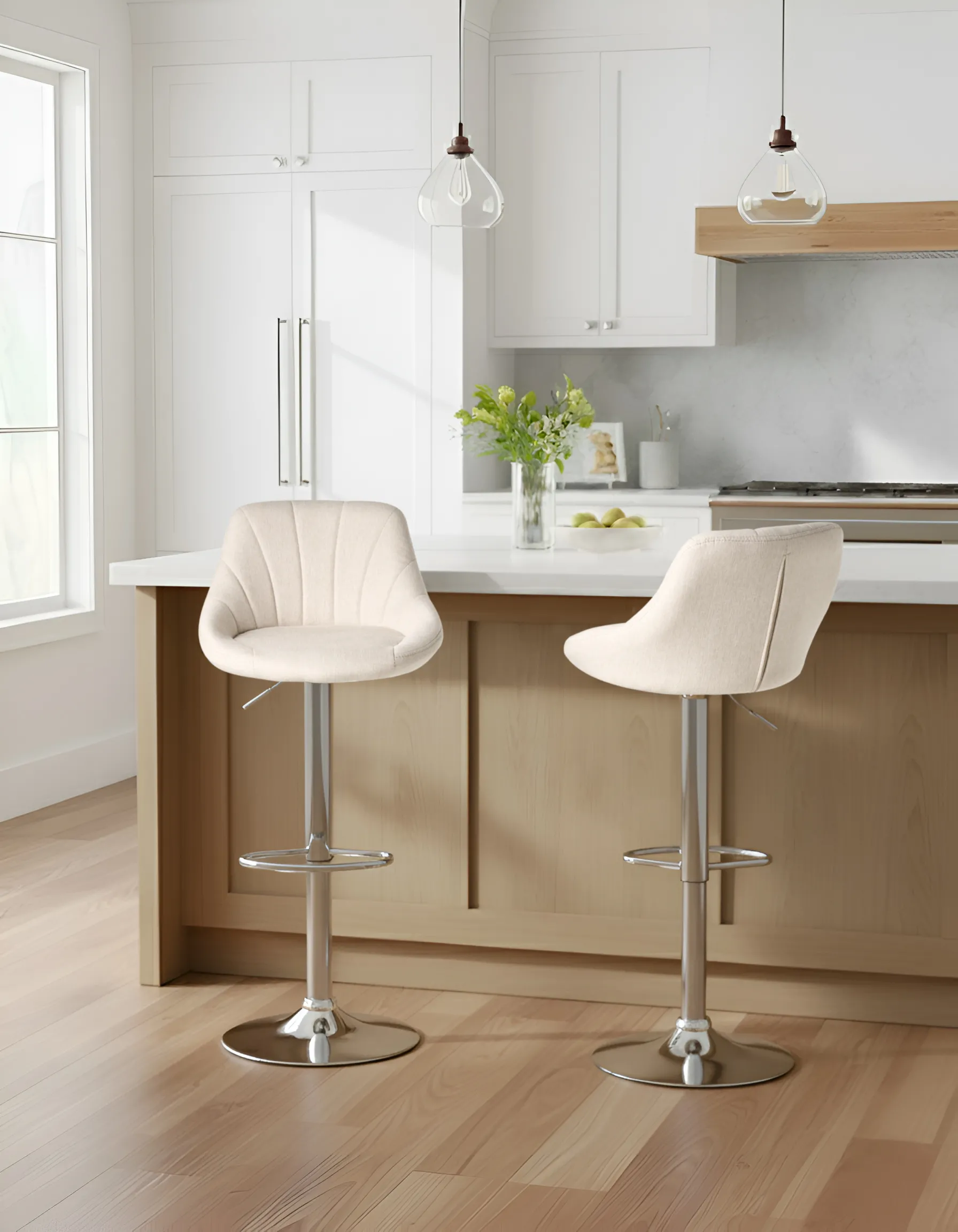 Set of 2 Bar Stools LUCCA Swivel Fabric Light Beige_1011495