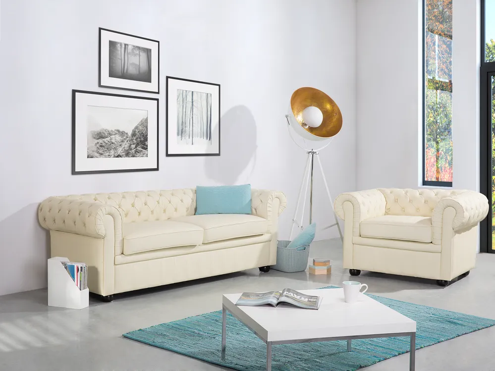 Sofa 3-Sitzer CHESTERFIELD Echtleder Hellbeige