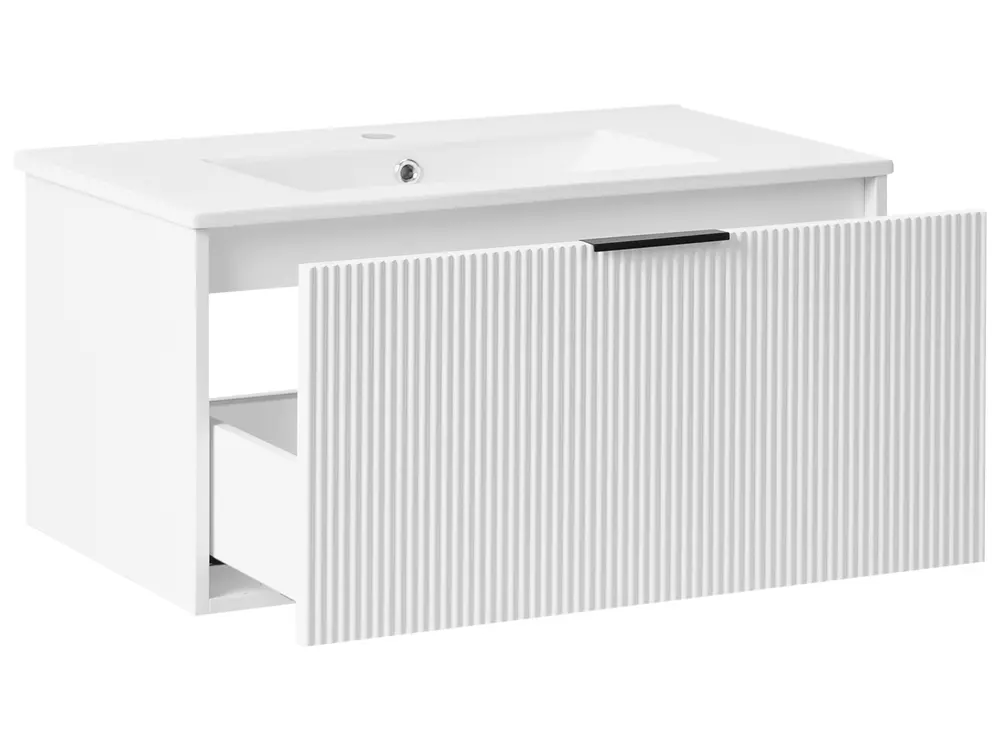 Wandmontierter Waschbeckenunterschrank mit Waschbecken mit schwarzem Griff TILCARA Weiß_1006009