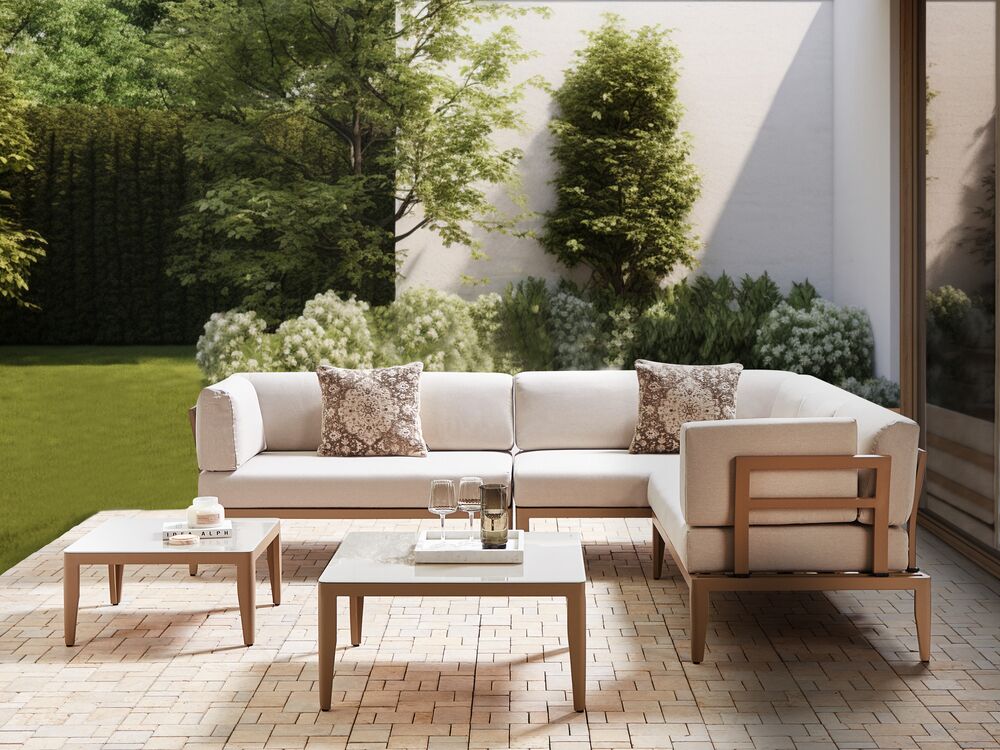 Garden Corner Sofa with Table 6 Seater RIMA Modular Metal Light Beige Left Hand
