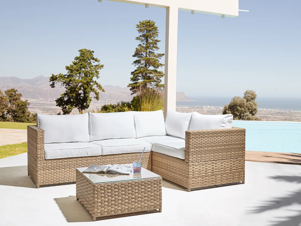 Garten Ecksofa mit Tisch 4-Sitzer AVOLA Polyrattan Cremeweiß linksseitig