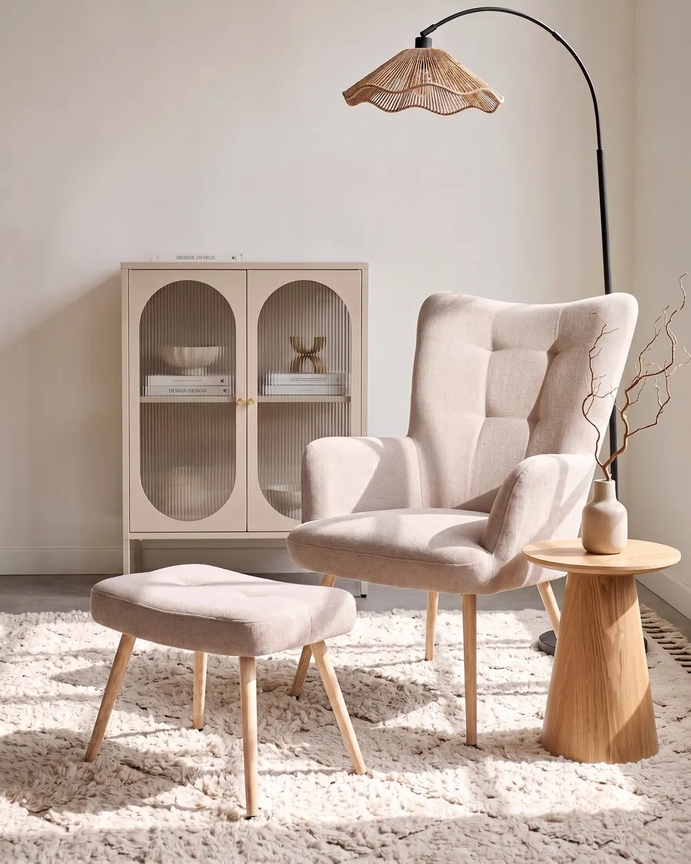 Ohrensessel VEJLE mit Fußstütze Stoff Beige