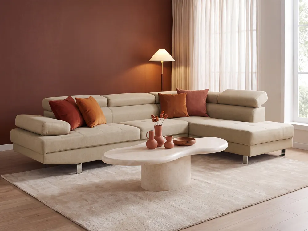 Ecksofa 5-Sitzer NORREA Stoff Hellbeige linksseitig