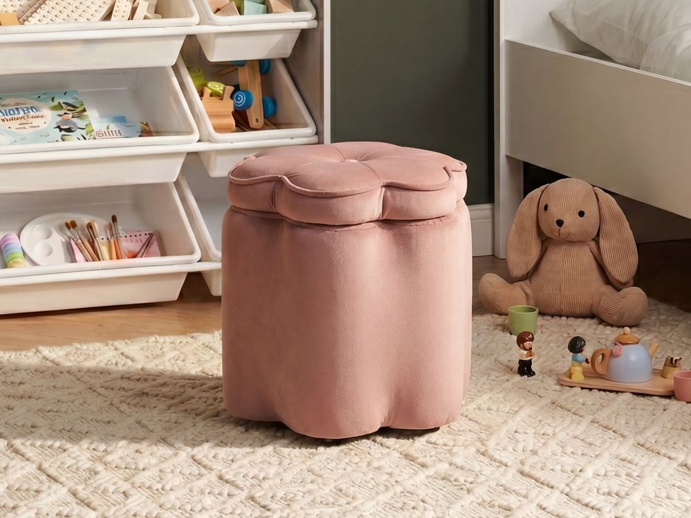 Pouf de rangement pour enfants FLOWER Fleur Velours Rose