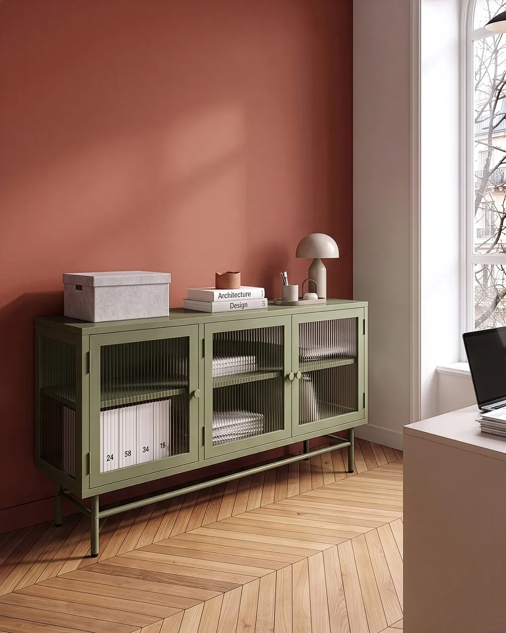 Sideboard mit Glastüren DEVON 115 cm Metall Grün