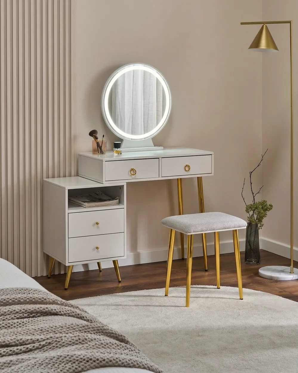 white and gold dressing table Miami 3 Drawer White and Gold Dressing Table Including Mirror – Time4Sleep main image 1