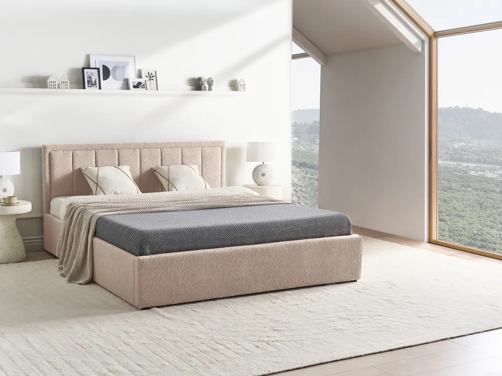 Polsterbett Bouclé beige mit Bettkasten hochklappbar verschiedene Größen MONTLAUR