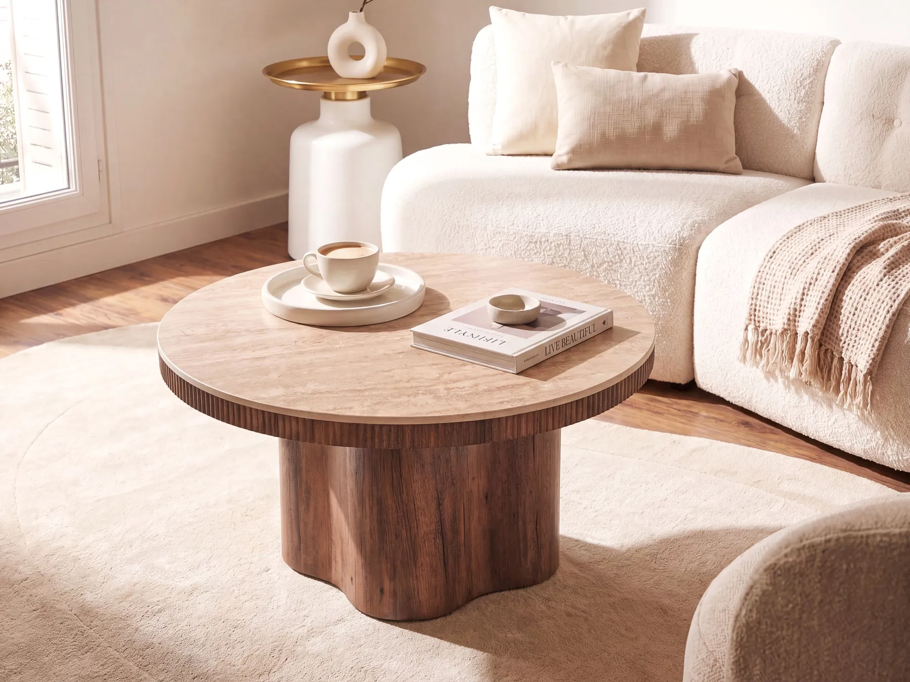 Coffee Table MALTBY Travertine Effect Brown_1144629