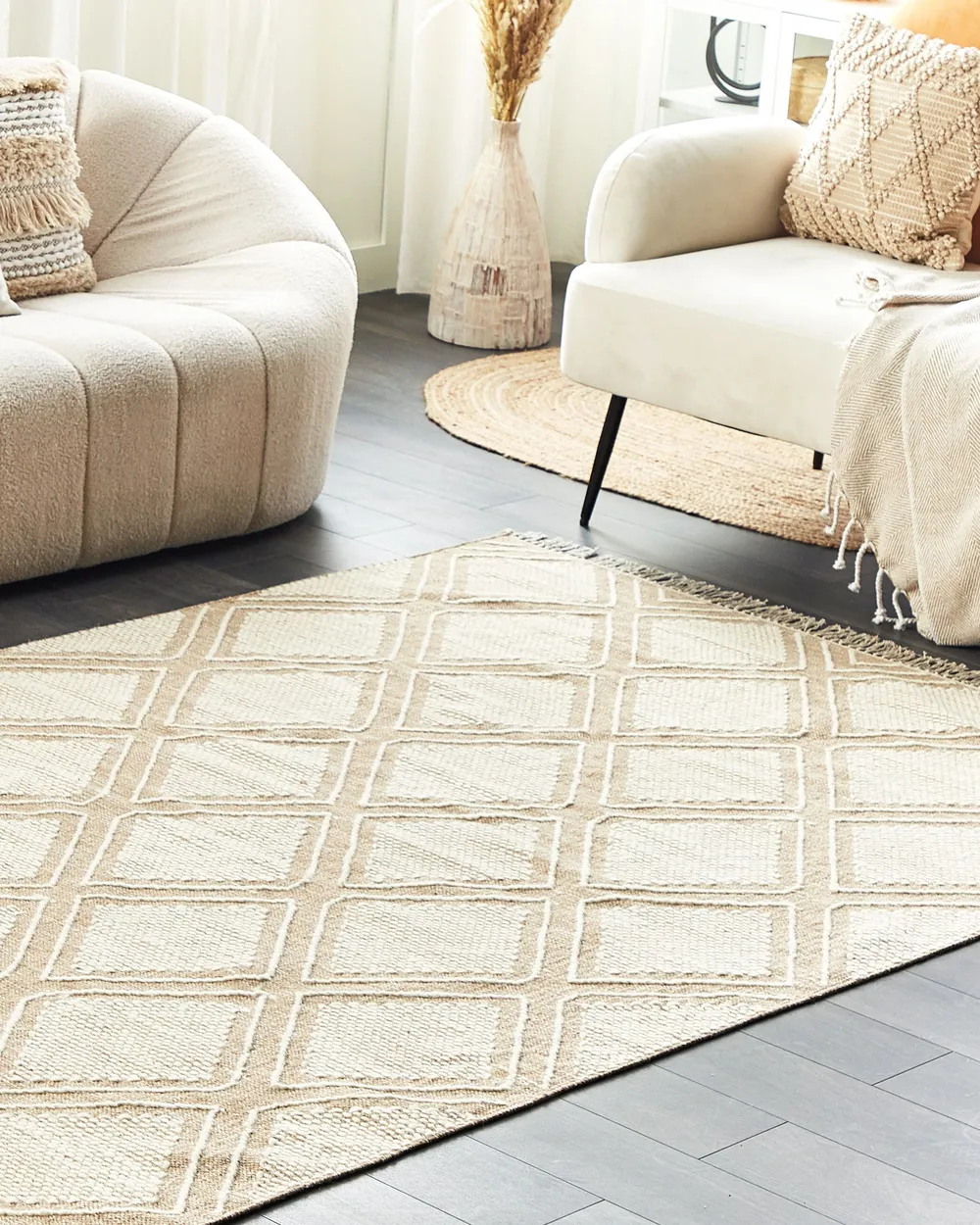 Teppich Baumwolle beige / weiß geometrisches Muster verschiedene Größen KACEM