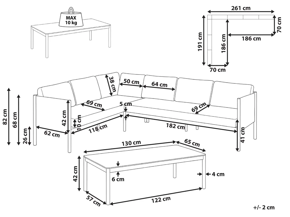 Garten Ecksofa mit Tisch 5-Sitzer TONARA Metall Hellbeige rechtsseitig_1125121
