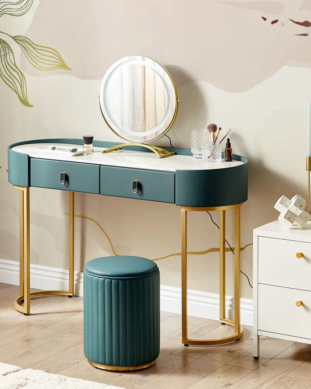 Dressing Table with Mirror and Stool VINAX LED Dark Green - Beliani.dk