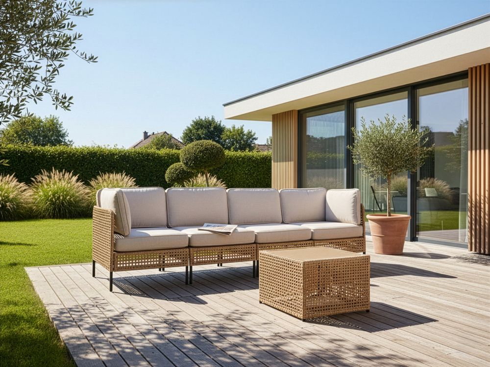 Gartensofa mit Tisch 4-Sitzer OMEGANA modular Polyrattan Hellbeige