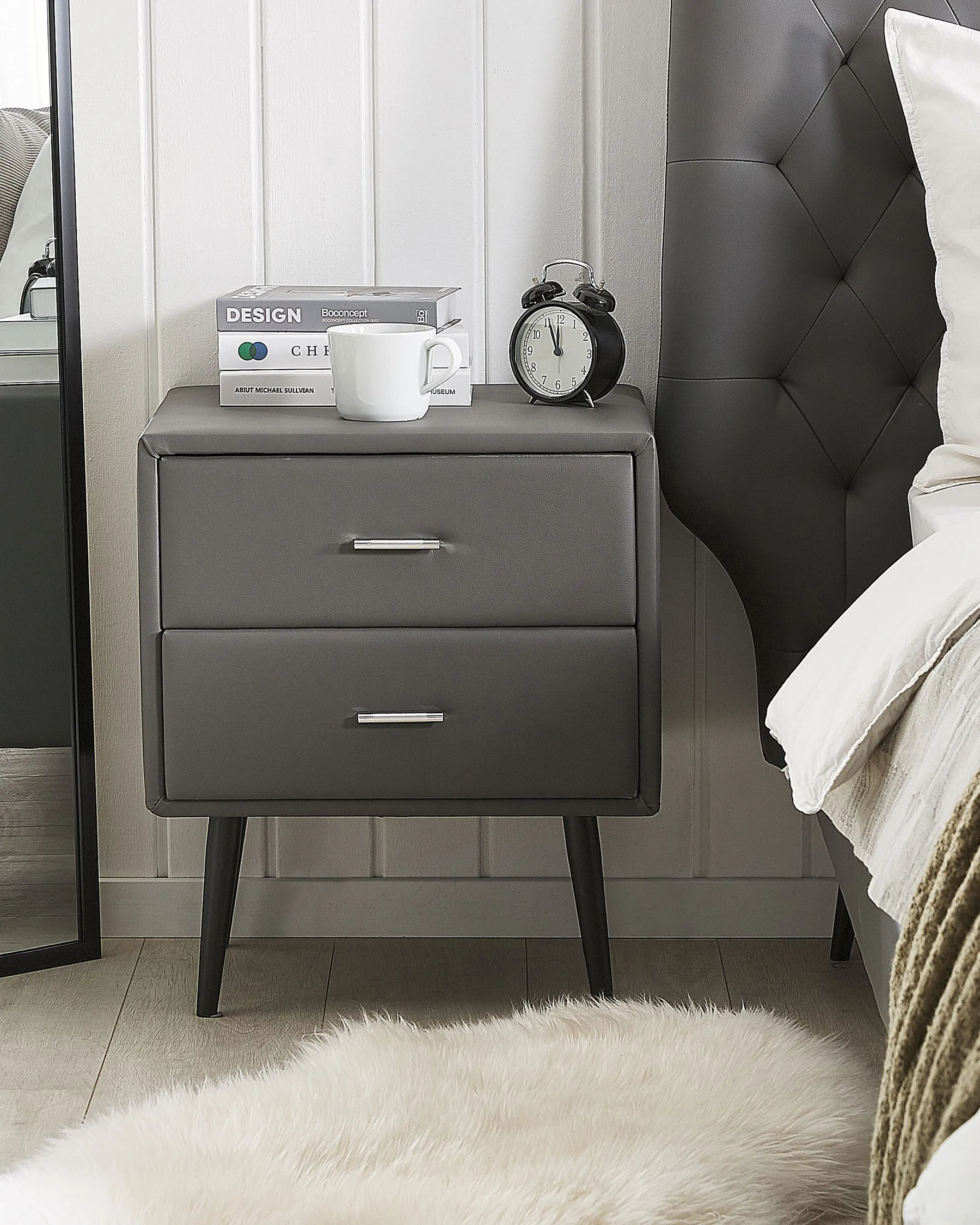 2 Drawer Bedside Table ESSONNE Faux Leather Grey_789018