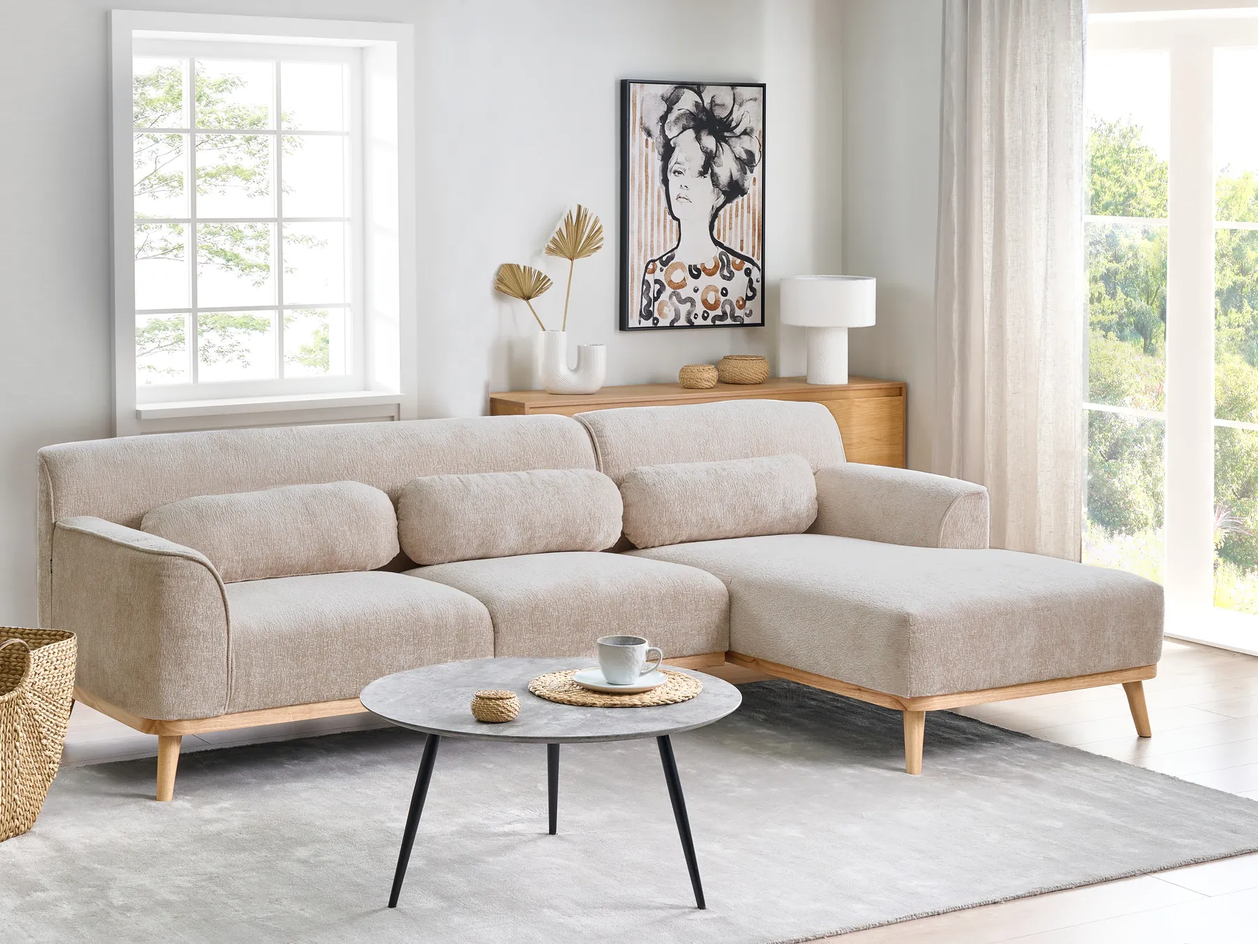 Corner Sofa 3 Seater SIMOS Chenille Beige Left Hand_927927