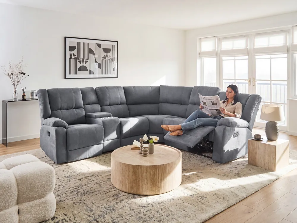 Ecksofa manuell verstellbar 5-Sitzer ROKKE Stoff Grau linksseitig_1108225