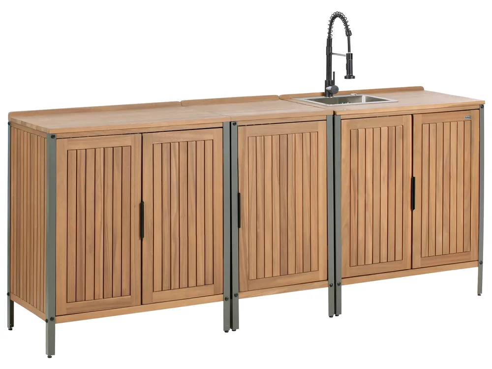 Outdoor-Küche 3er Set mit Spüle IVREA Braun / Schwarz zertifiziertes Akazienholz