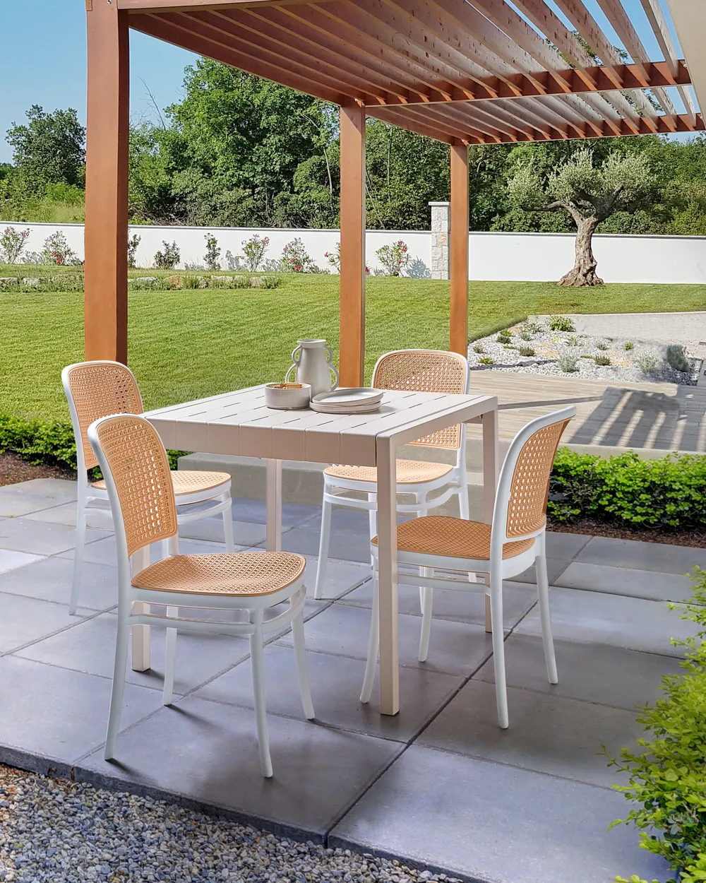 Gartenstuhl 4er Set PLOSE Weiß / Beige