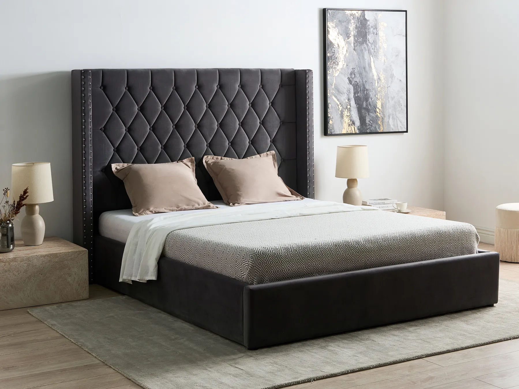 Ottoman Bed LUBBON Velvet Grey 160 x 200 cm (EU King Size)_766850