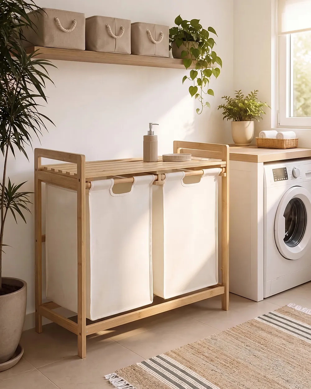 Set of 2 Laundry Baskets with Shelf AZUFRERA Bamboo Light Brown/ White 70 L