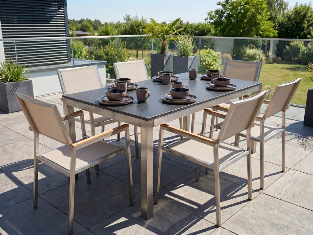 Gartenmöbel Set 6-Sitzer GROSSETO Granit poliert Schwarz / Beige