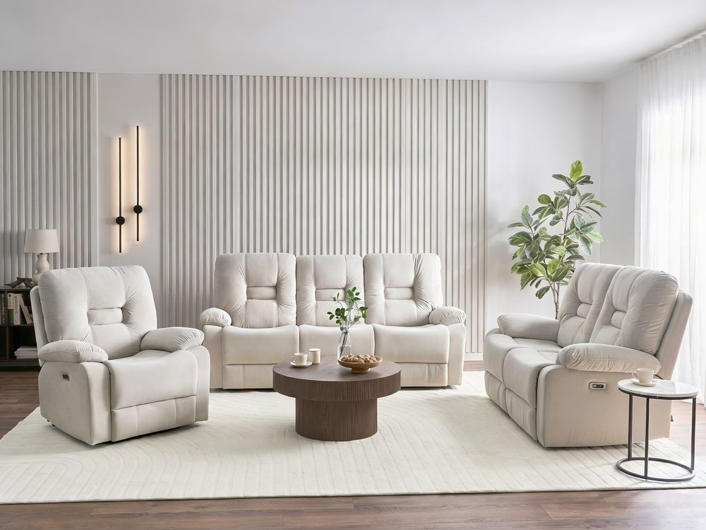 Sofa Set elektrisch verstellbar 6-Sitzer BERGEN mit USB-Anschluss Samtstoff Hellbeige