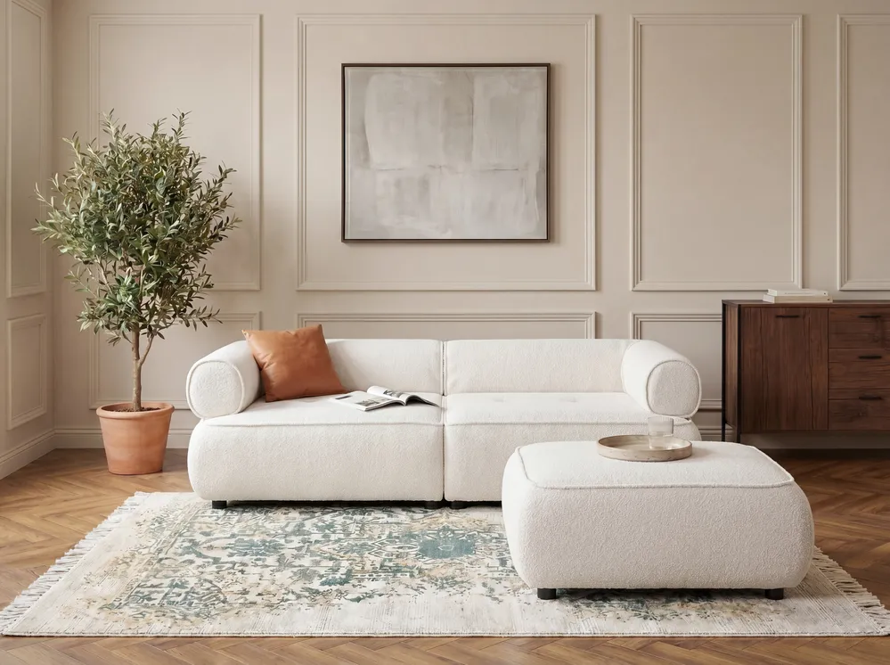 Sofa 3-Sitzer SALLA mit Ottomane Bouclé Cremeweiß