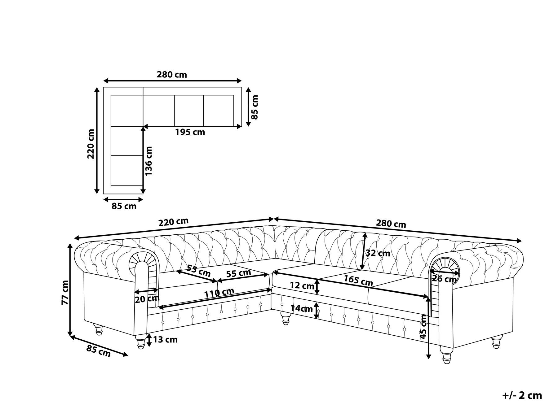 Ecksofa 6-Sitzer CHESTERFIELD Stoff Grau rechtsseitig_811059
