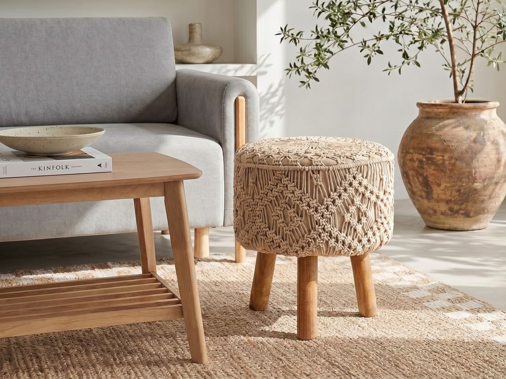 Hocker Makramee MANZAI Baumwolle Dunkelbeige