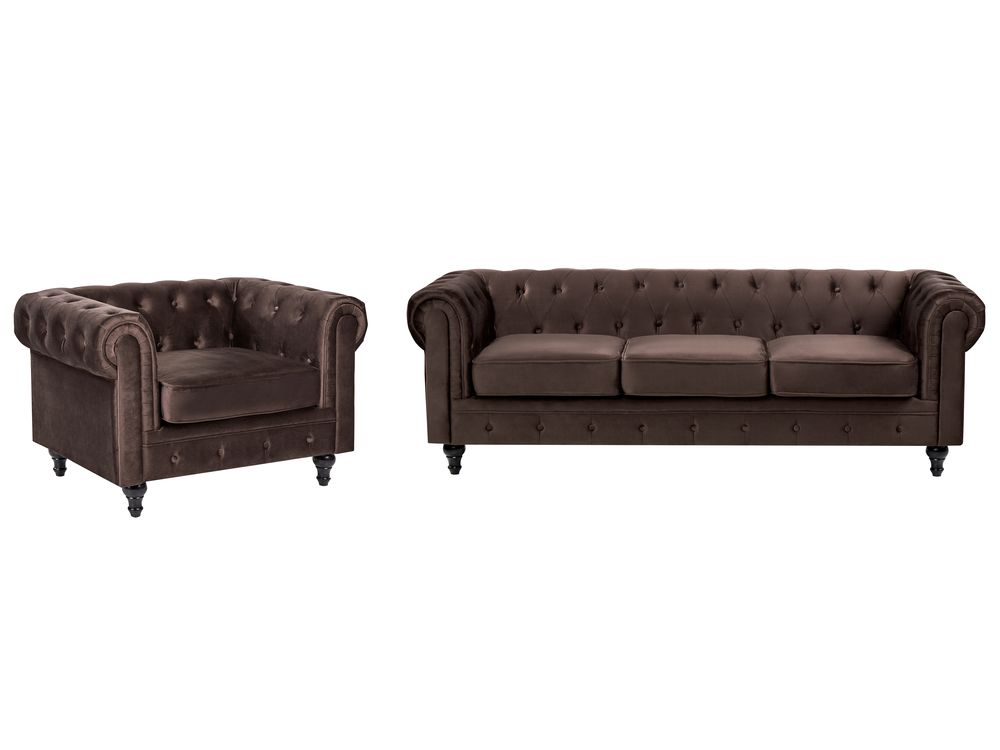 Living Room Set 4 Seater CHESTERFIELD Velvet Dark Brown