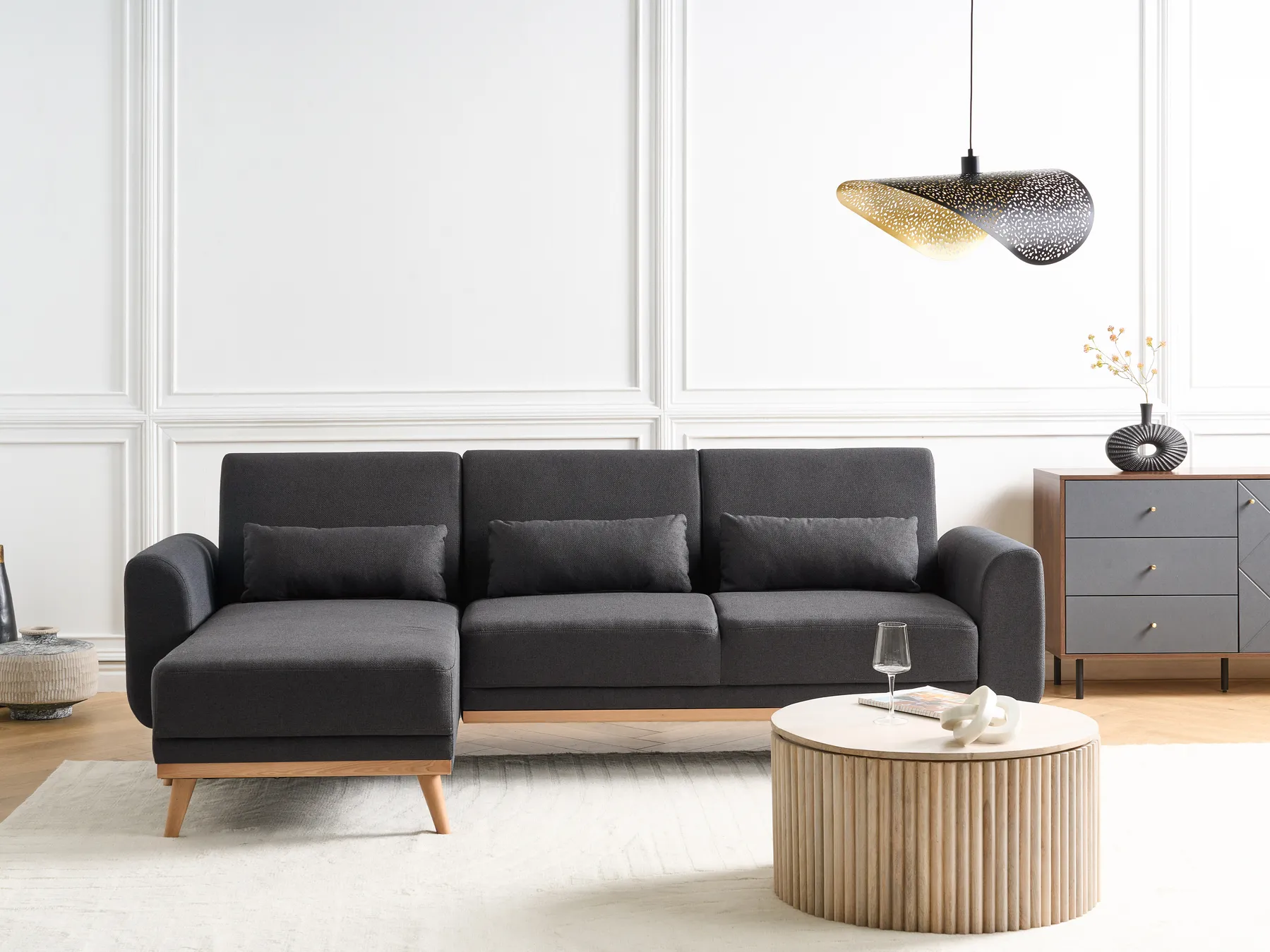 Corner Sofa Bed 3 Seater OLLSTA Fabric Black Right Hand_939302