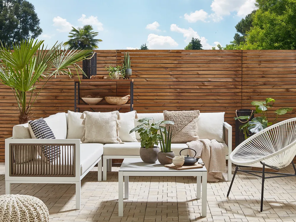 Garten Ecksofa mit Tisch 4-Sitzer BORELLO Metall Beige linksseitig