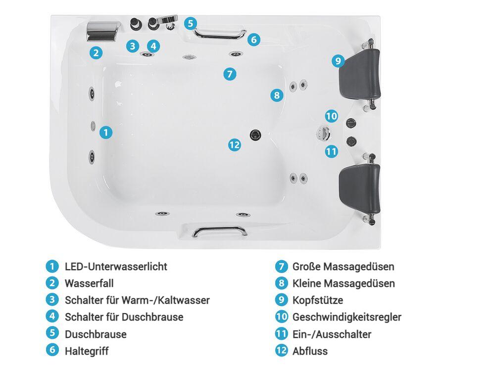 Whirlwanne Eckmodell mit LED BAYAMO 170 x 120 cm Weiß linksseitig_821992