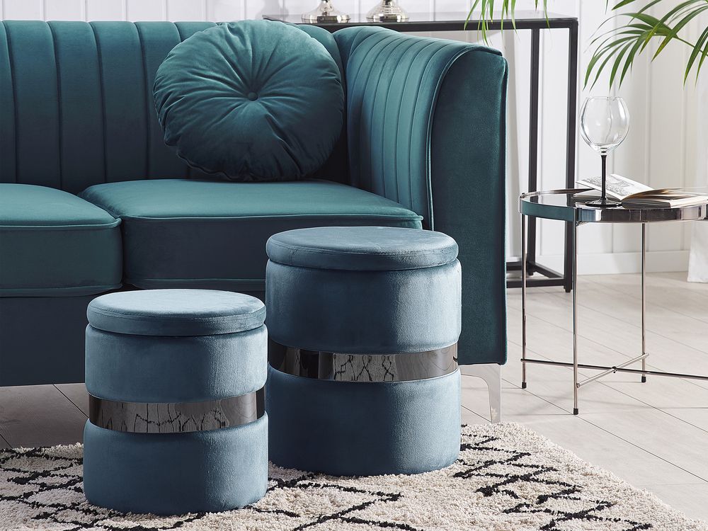 Pouf mit Stauraum 2er Set DORIS Samtstoff Blau
