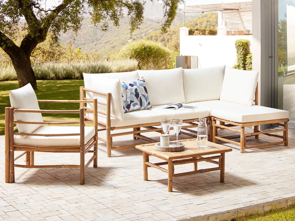 Lounge Set mit Tisch 5-Sitzer CERRETO Bambus Cremeweiß linksseitig