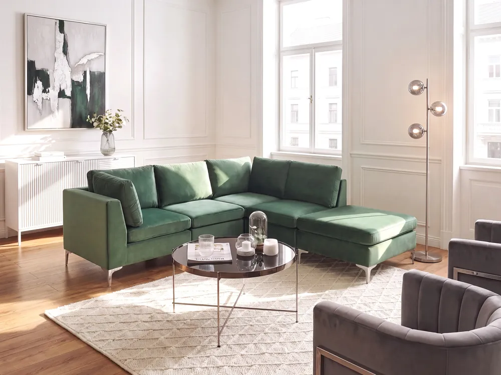 Modul Ecksofa 4-Sitzer EVJA mit Ottomane Samtstoff Grün linksseitig